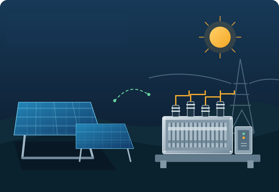 Illustration of solar panels, sunlight and an electrical transformer substation